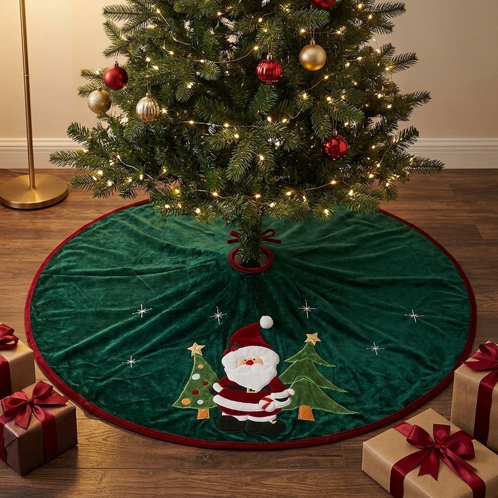 Christmas Tree Skirt, Plush, Velvety, Applique Santa and Trees, Tie Shut, 50"